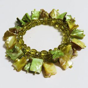 memory wire mother of pearl and glass charms wrap bracelet.